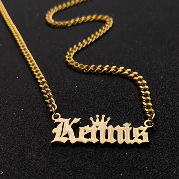 Custom Name Old English Necklace With Crown Personalized Chain Jewelry Pendant - Picture 1 of 4